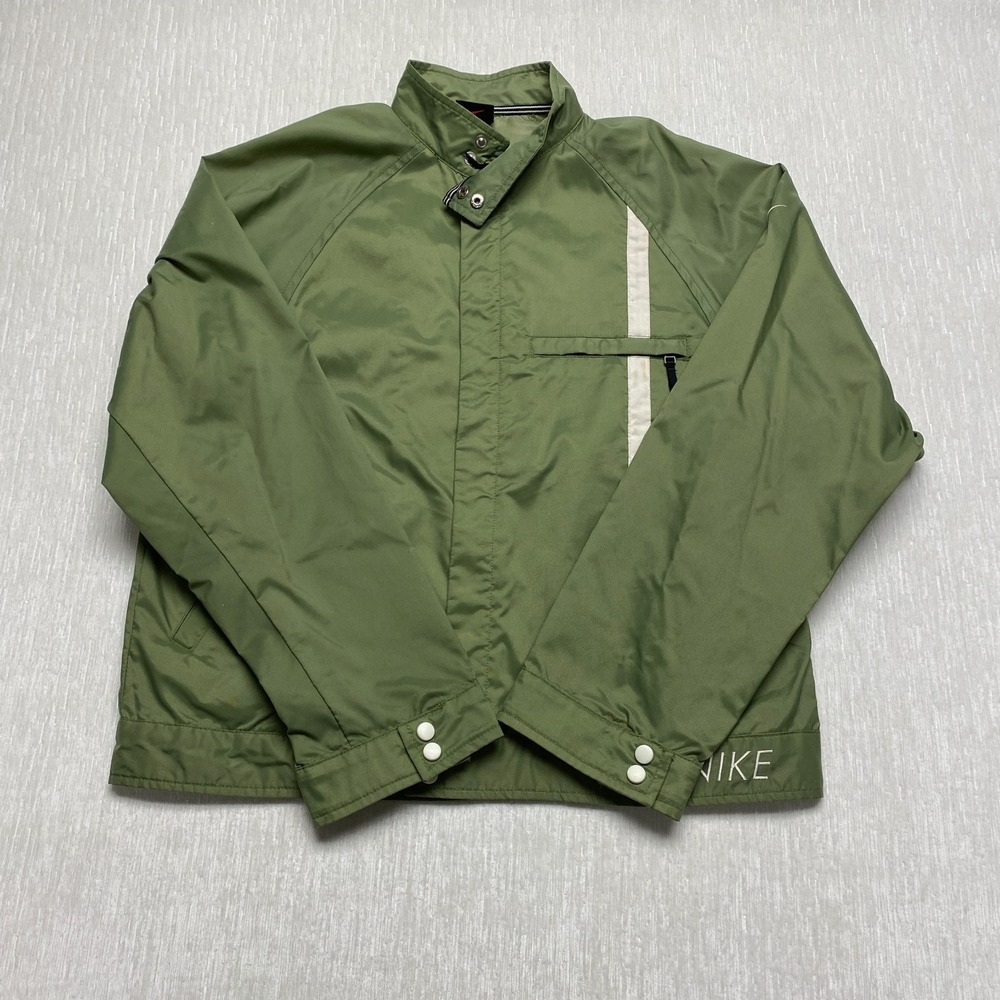Vintage Nike Windbreaker Jacket Women Small Green Stripe Mock Neck Swoosh Zip Up